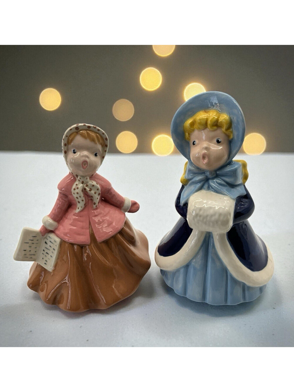 Vintage Holland Mold 2 Christmas Carolers Figurines Victorian Girls Hand-Painted